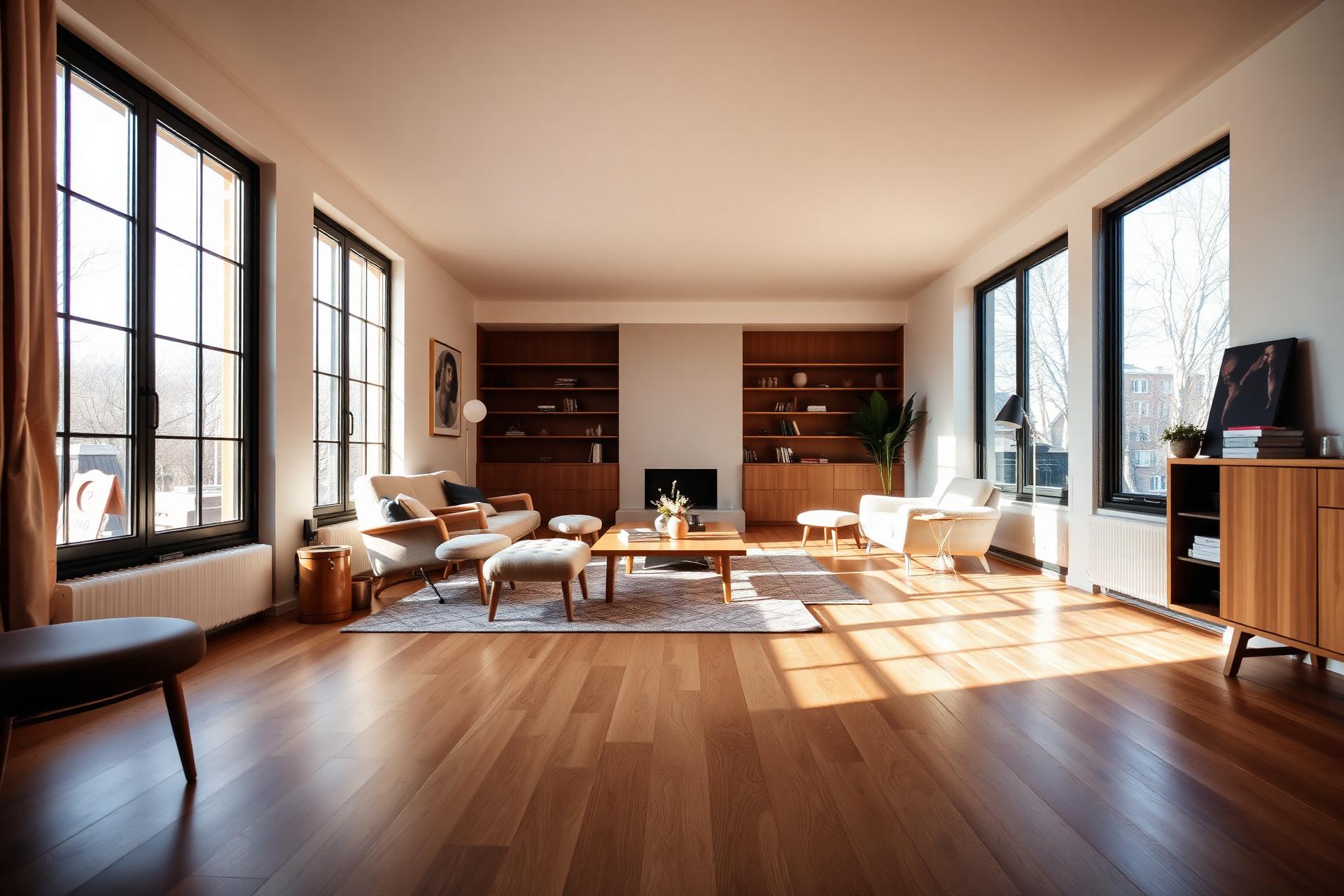 Warme houten vloer in moderne woonkamer